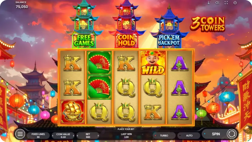 3 Coin Towers Slot design with three pagoda towers and coin collection visuals