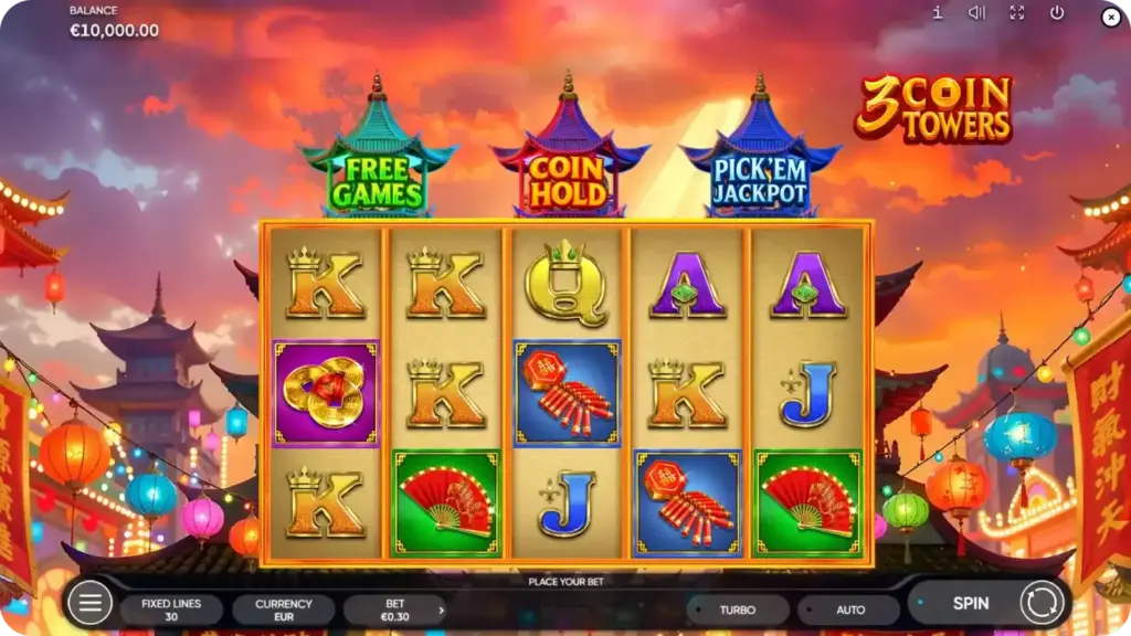 3 Coin Towers slot interface with coin bonus symbols and retro slot layout