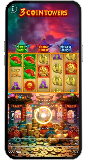 3 Coin Towers Slot reels in motion with coin collect mechanic active and tower values accumulating on screen
