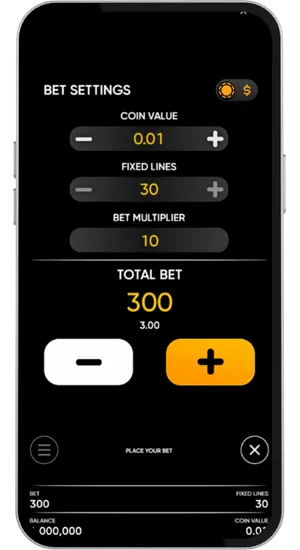 3 Coin Towers Slot stake selector showing the £0.30 minimum and £150 maximum bet range