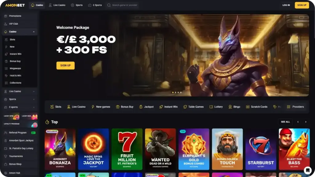 Amonbet casino interface showing retro slot games and classic slot categories