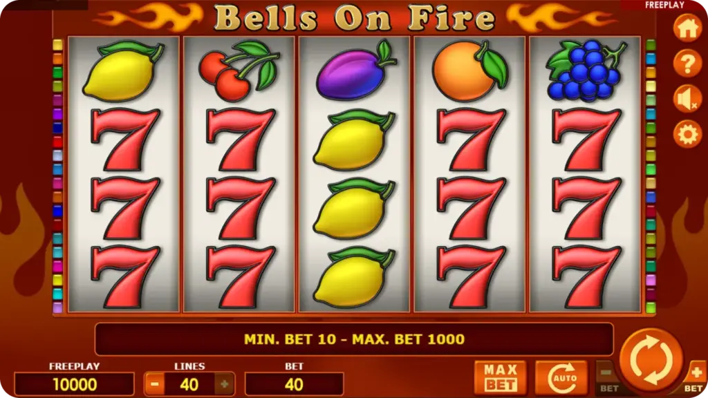 Bells on Fire slot mobile interface with classic fruit symbols and fire themed reels on a responsive screen