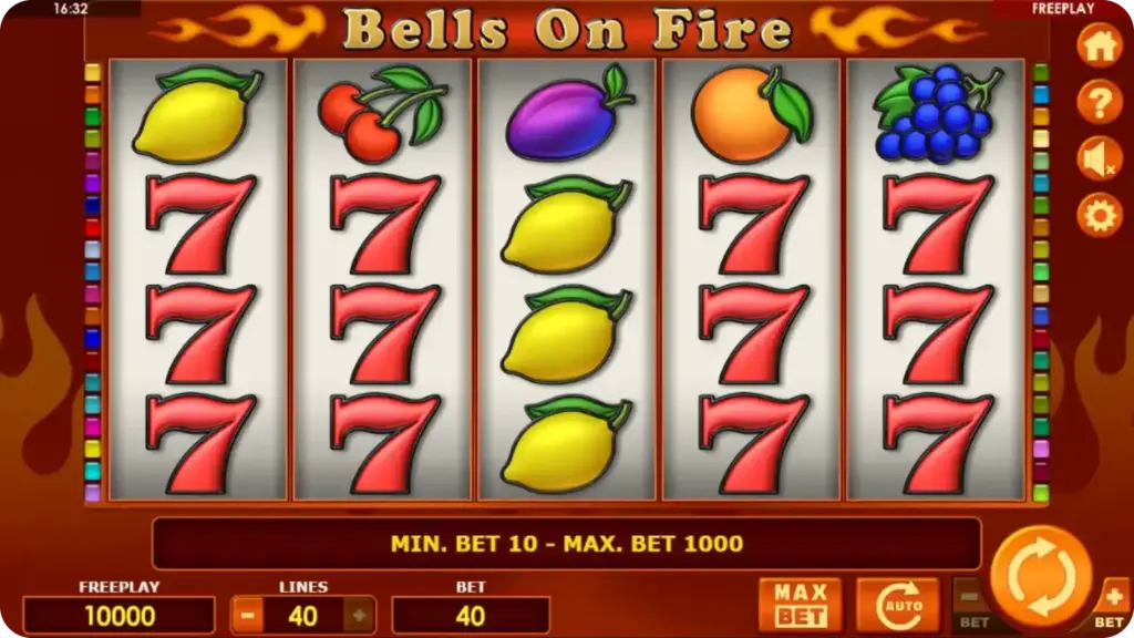 Bells on Fire slot interface with fruit symbols and free spins feature on 5 reel layout