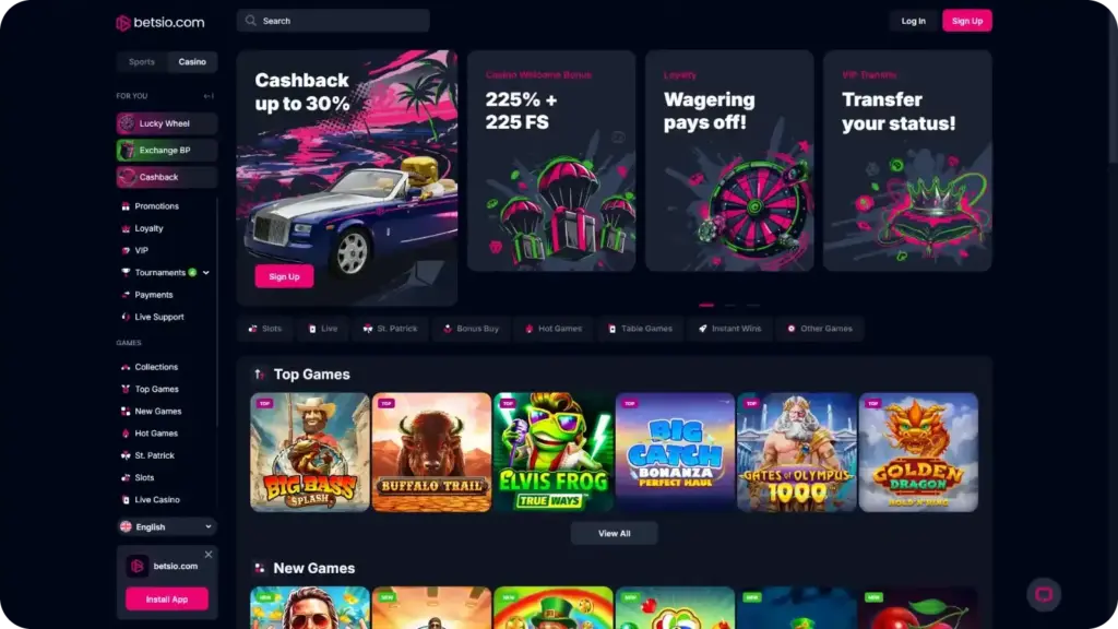 Betsio casino interface showing slot filters and classic high volatility slot games layout