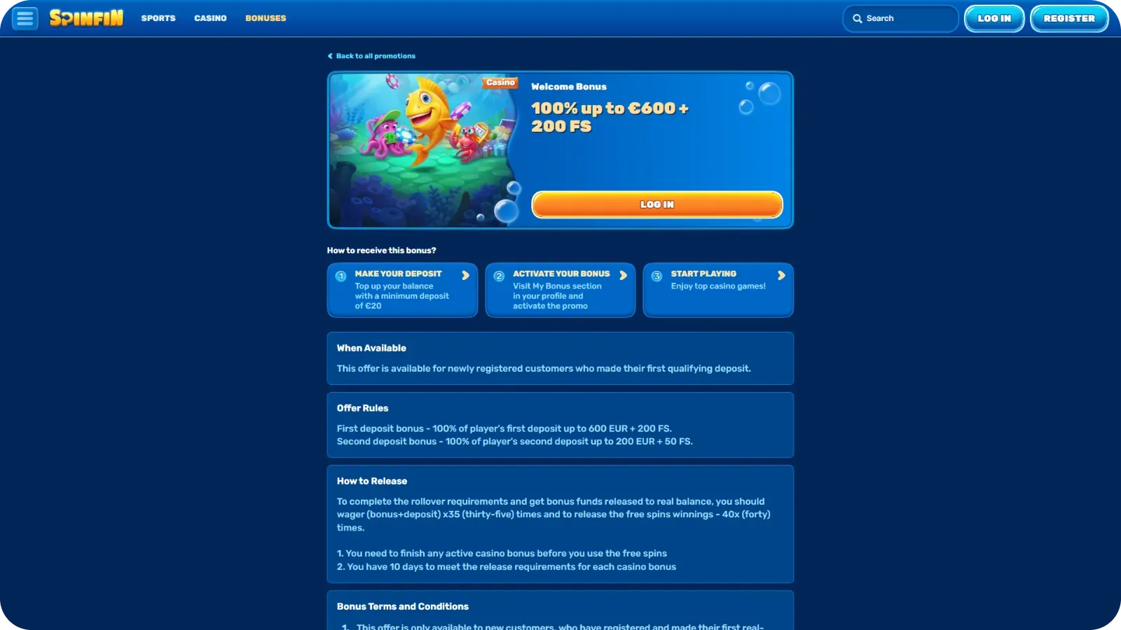 Spinfin bonus section showing welcome offer, free spins packages and reload promotions with wagering conditions