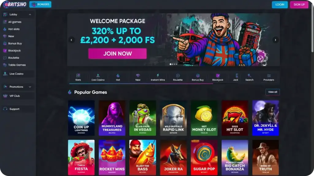 Britsino casino interface with retro slot categories and classic slot games layout