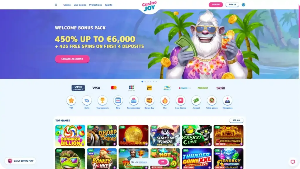 Casino Joy interface with real money classic slots and retro style slot games selection