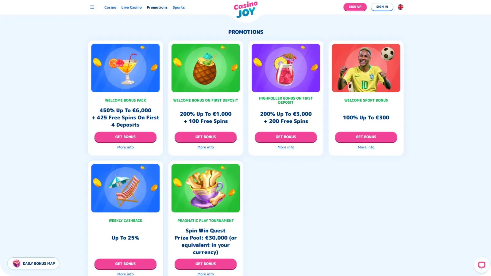 Casino Joy bonus offers screen showing welcome package free spins cashback and tournament rewards for UK players
