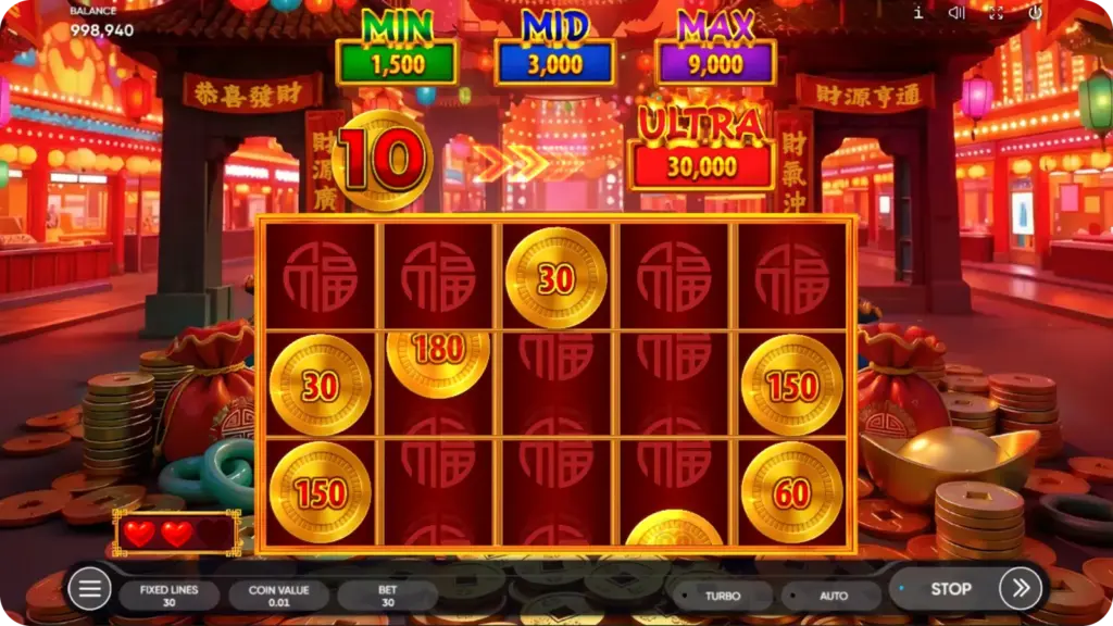 3 Coin Towers coin collect feature with pagoda towers and coin values