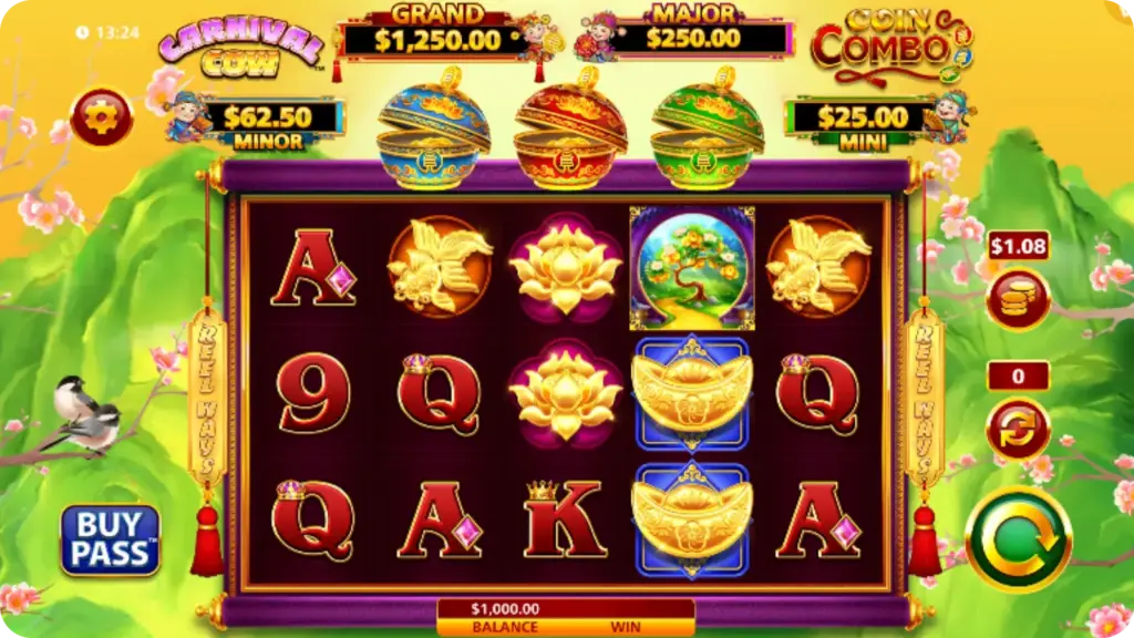 Coin Combo Slot gameplay with coin collect feature and hold and win bonus