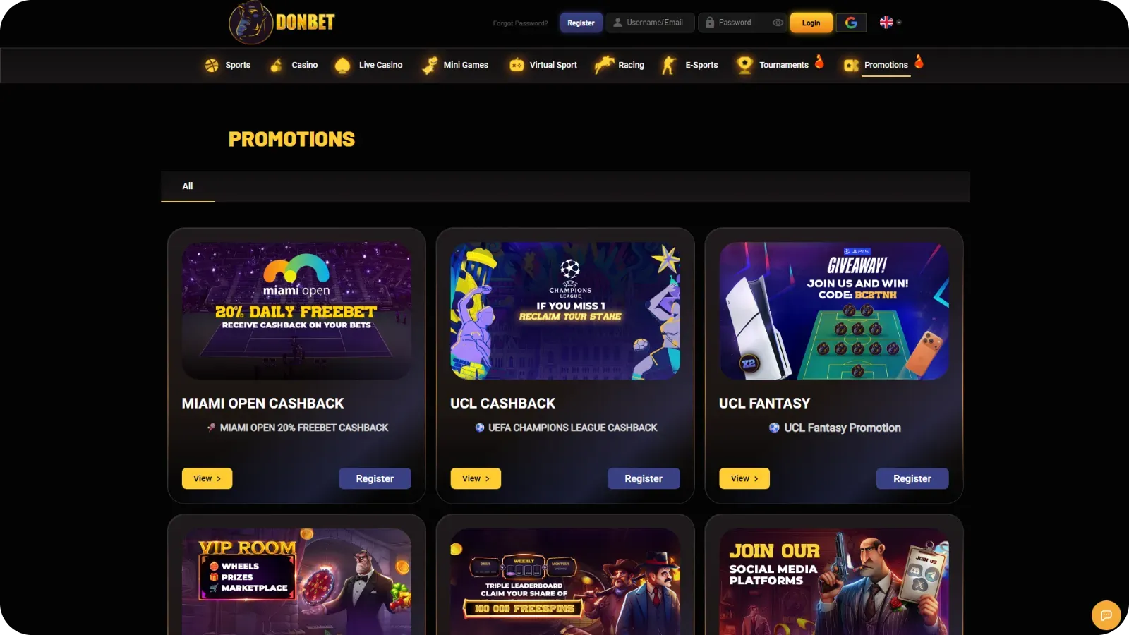 Donbet casino bonus section showing welcome bonus and promotional offers interface