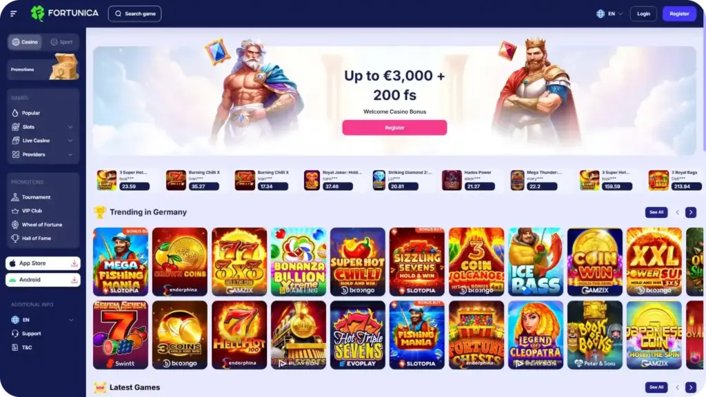 Fortunica casino interface with slot categories and retro slot style games selection