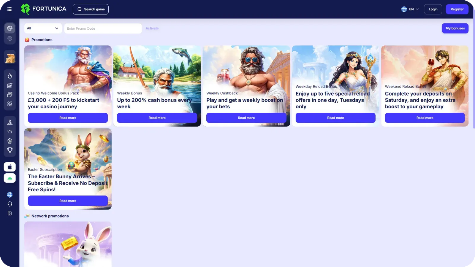 Fortunica casino bonus offers including welcome bonus, reload bonus and cashback promotions for UK players