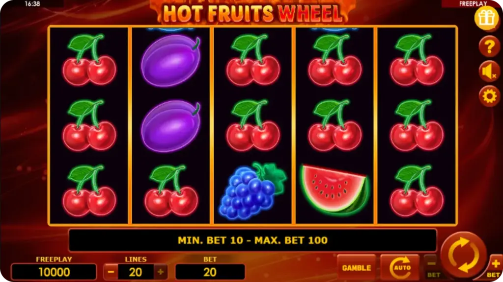 Hot Fruits slot by Amatic with classic fruit symbols and bonus wheel feature on a 5 by 3 layout
