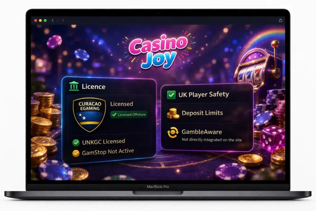 Casino Joy license information page showing Curacao licence details and payment methods available for UK players