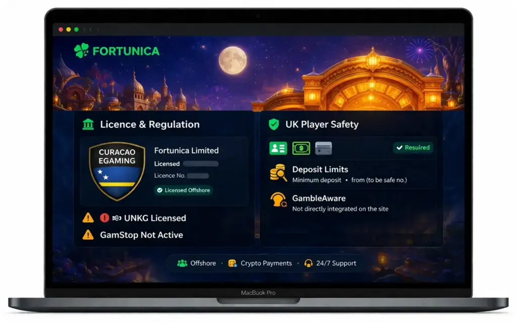 Fortunica casino security and licensing information page showing offshore regulatory details