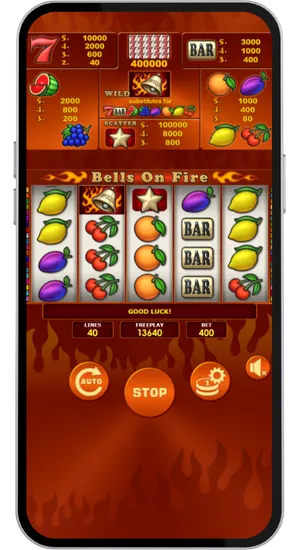 Bells on Fire Amatic reels in motion across 40 active paylines with the Spin button highlighted