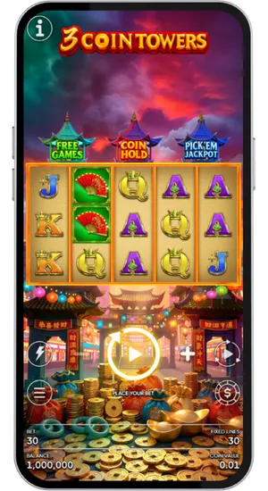 Casino lobby search bar with 3 Coin Towers Slot tile appearing in the slots category results