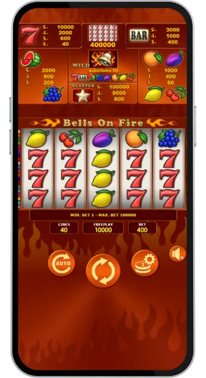 Casino game library search bar with Bells on Fire Amatic tile appearing in the results