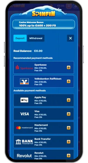 Deposit screen showing multiple payment options including card and e-wallet with a minimum amount of £10 entered in the field