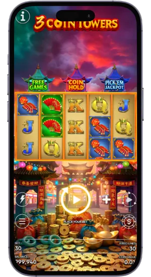 3 Coin Towers Slot mobile version on iOS showing tower progress and coin collection