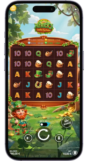Patrick's Lucky Fortune slot on iOS mobile device with touch controls and reels