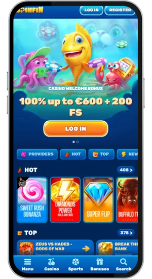 Casino homepage loading on a mobile browser with the main lobby visible and a navigation menu in under two seconds