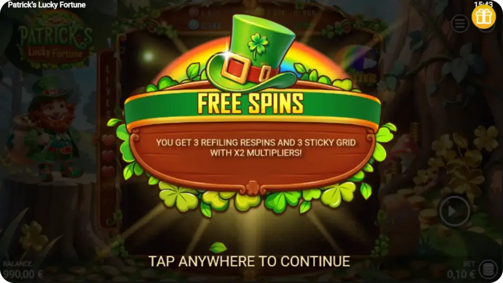 Patrick's Lucky Fortune free spins feature with multiplier frames and scatter trigger