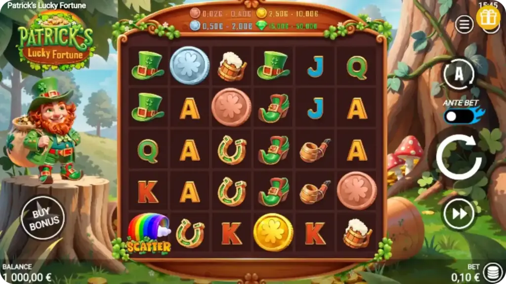 Patrick's Lucky Fortune slot design with Irish theme, green reels and gold symbols