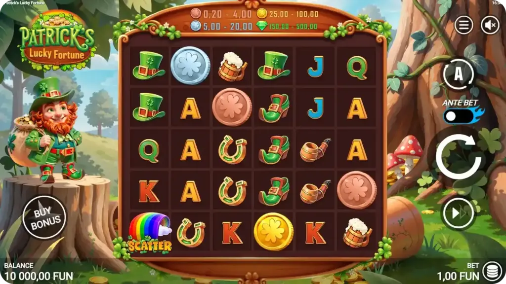 Patrick's Lucky Fortune slot interface with Irish themed symbols and bonus features on screen