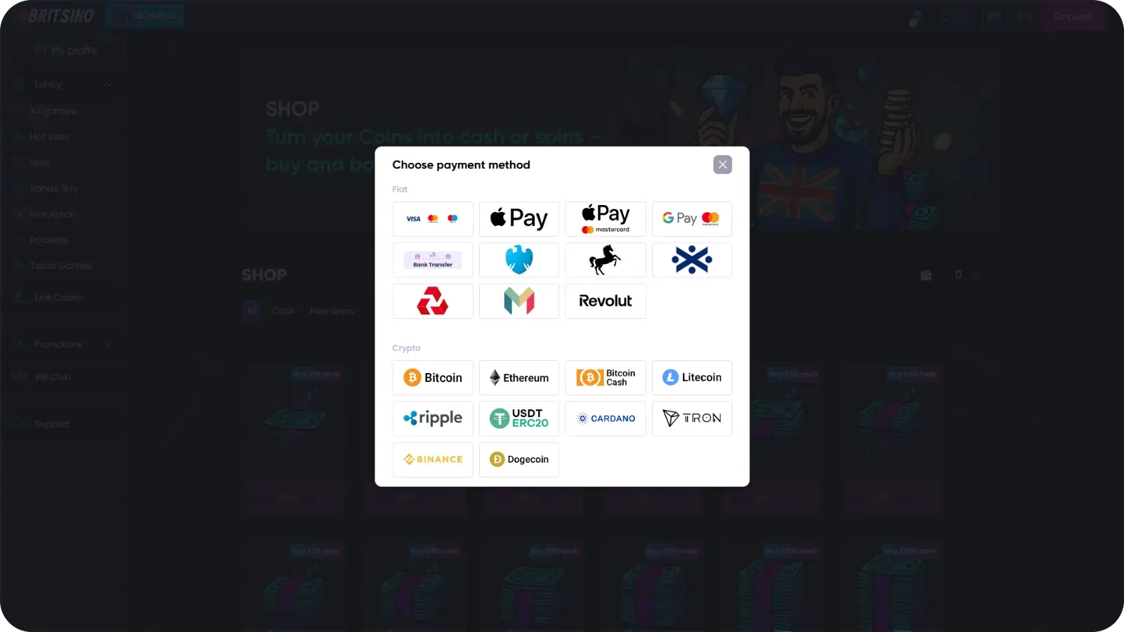 Britsino payment methods including apple pay google pay crypto and bank transfer