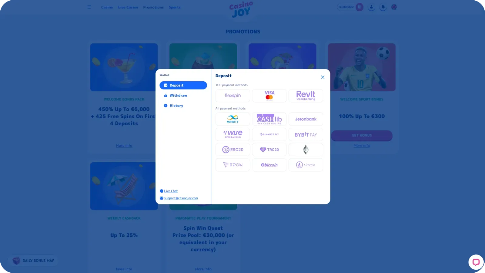 Casino Joy cashier page showing deposit methods withdrawal options and payment limits for UK players