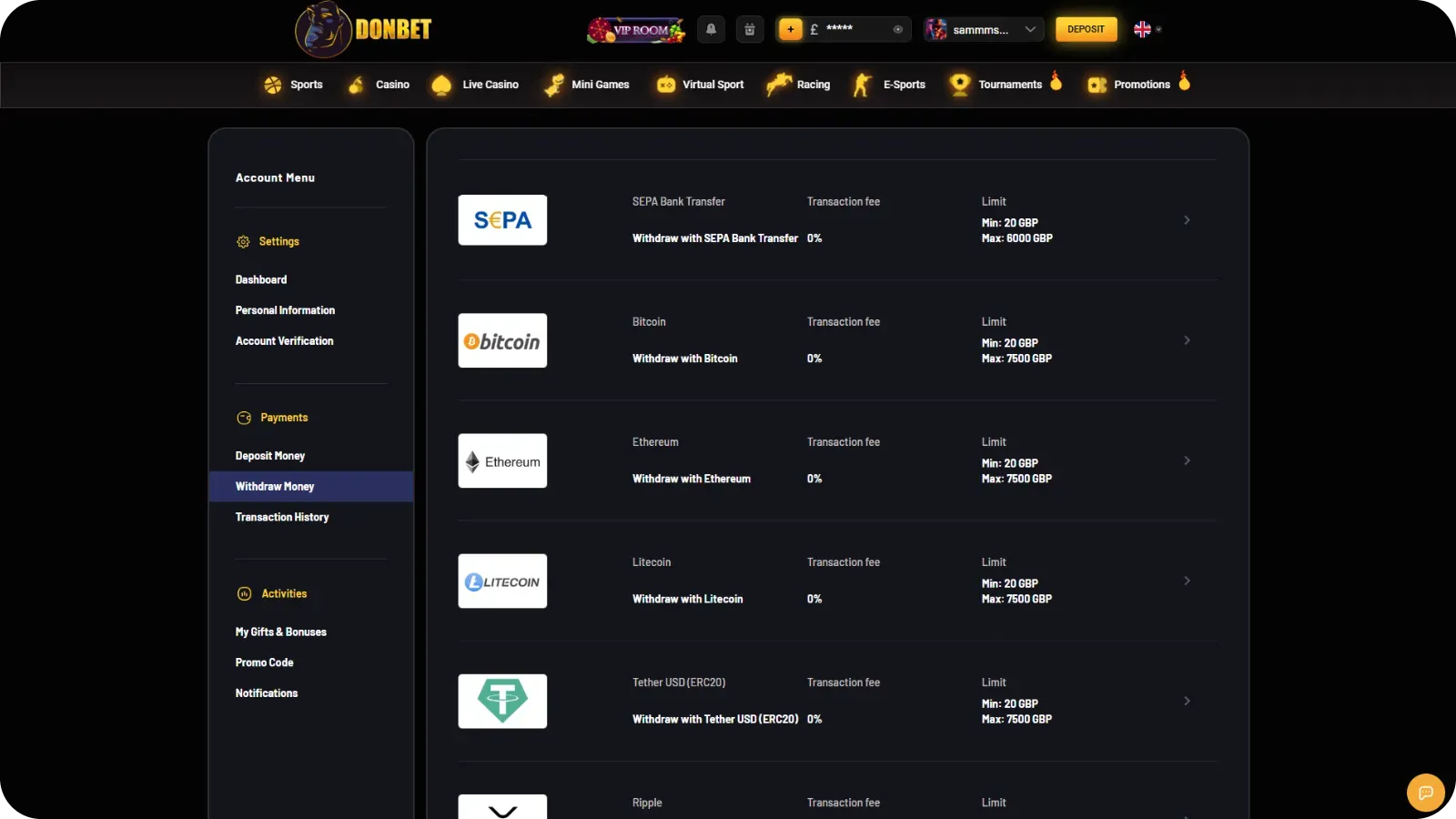 Donbet casino cashier interface showing deposit and withdrawal payment methods