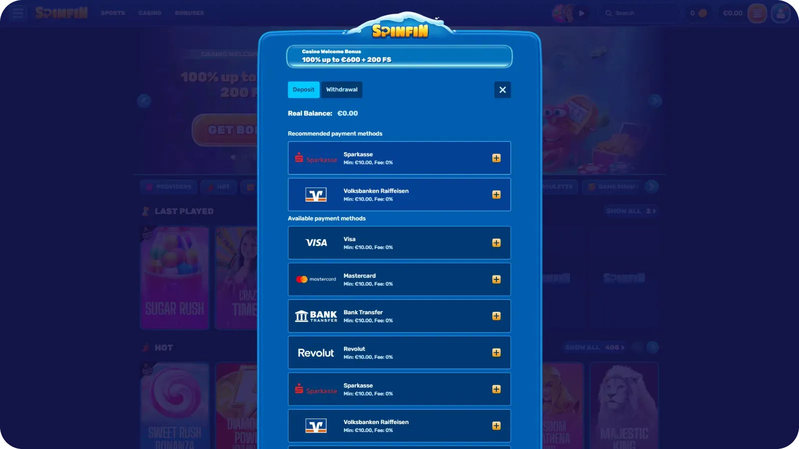 Spinfin cashier page showing payment methods, deposit limits and withdrawal processing options with fees and speed indicators