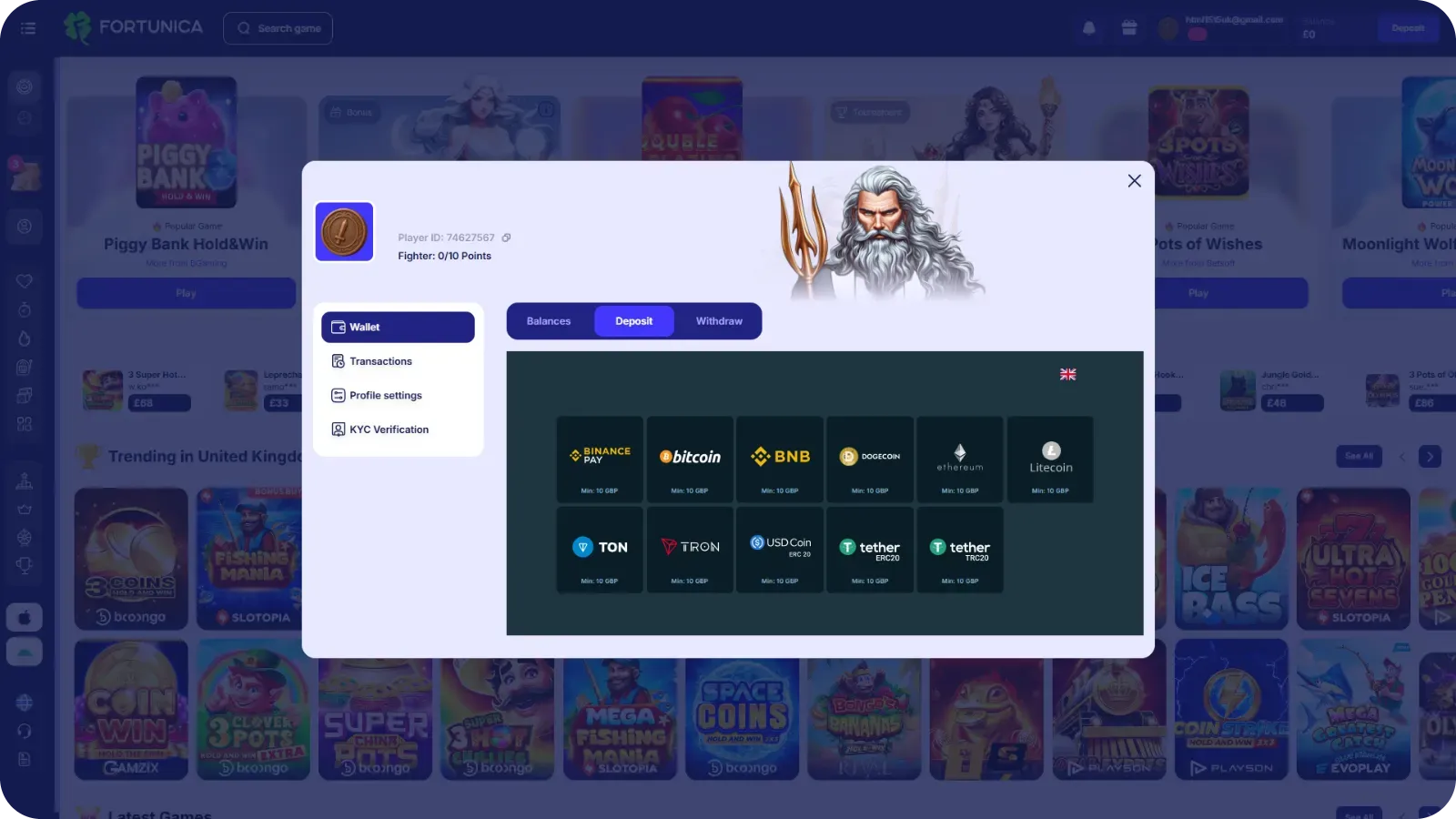 Fortunica casino cashier showing deposit methods including cards, Apple Pay, Google Pay and crypto options for UK players