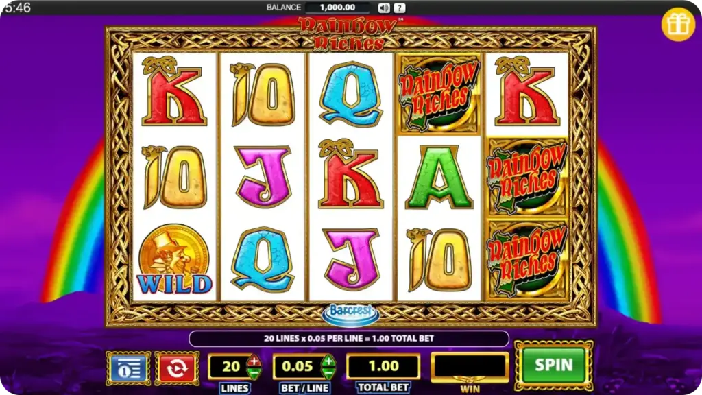 Rainbow Riches slot gameplay with leprechaun, bonus wheel and Irish theme