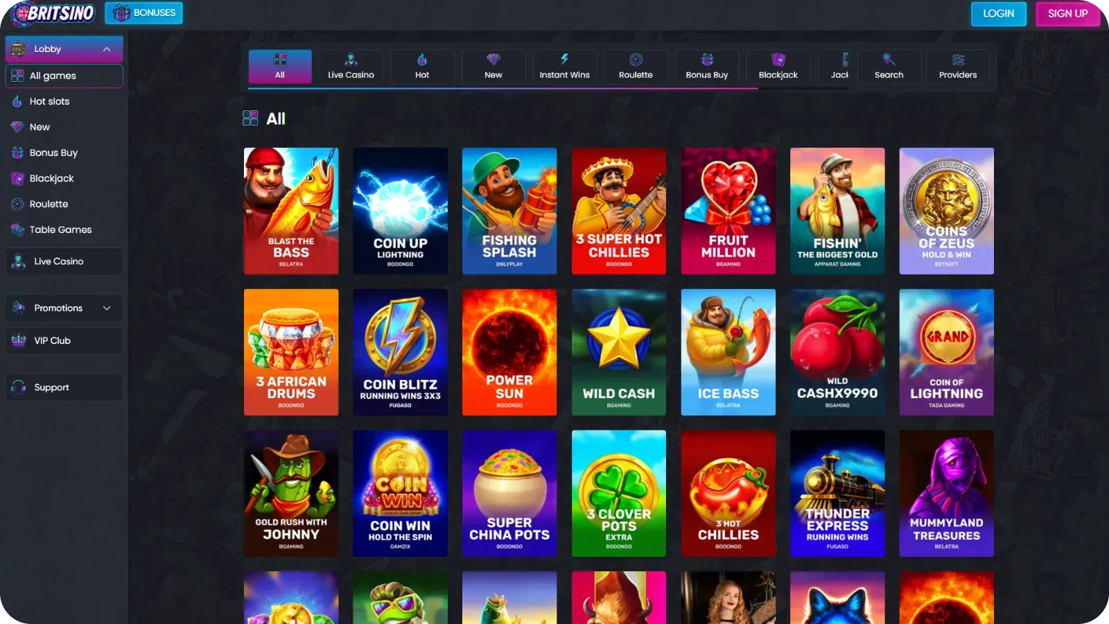 Retro slots lobby at Britsino casino with classic 3 reel slot games