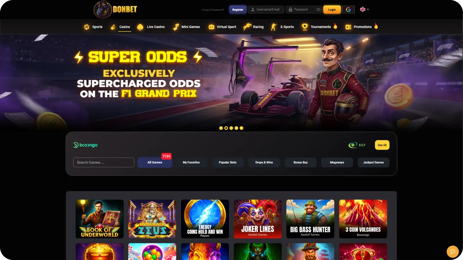 Donbet casino lobby with retro slot machine categories and classic games selection