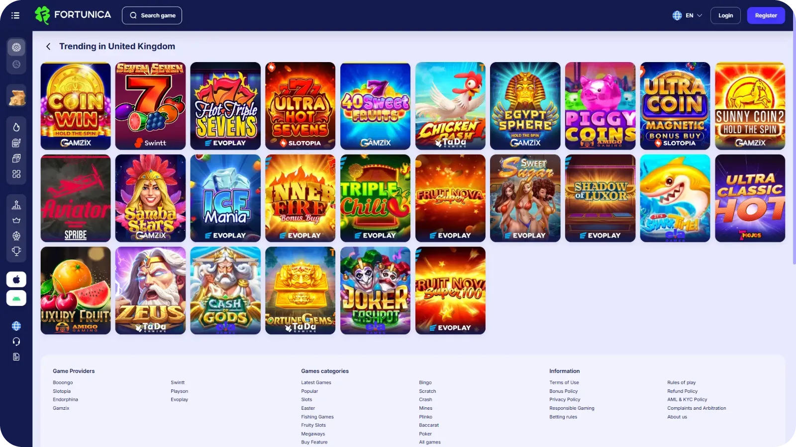 Fortunica casino retro slot games lobby showing classic 3 reel slots and fruit machine UK interface