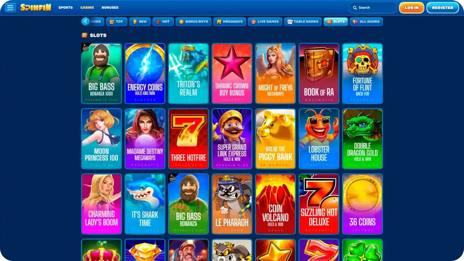 Spinfin retro games section with classic 3 reel slot filters, fruit machine style tiles and mobile-friendly slot lobby layout