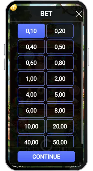 Patrick's Lucky Fortune stake selector showing bet range from £0.20 to £50 per spin