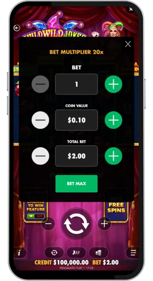 Bet level selector on a retro slot interface with a range from £0.10 to £5 and the chosen stake amount highlighted before spinning