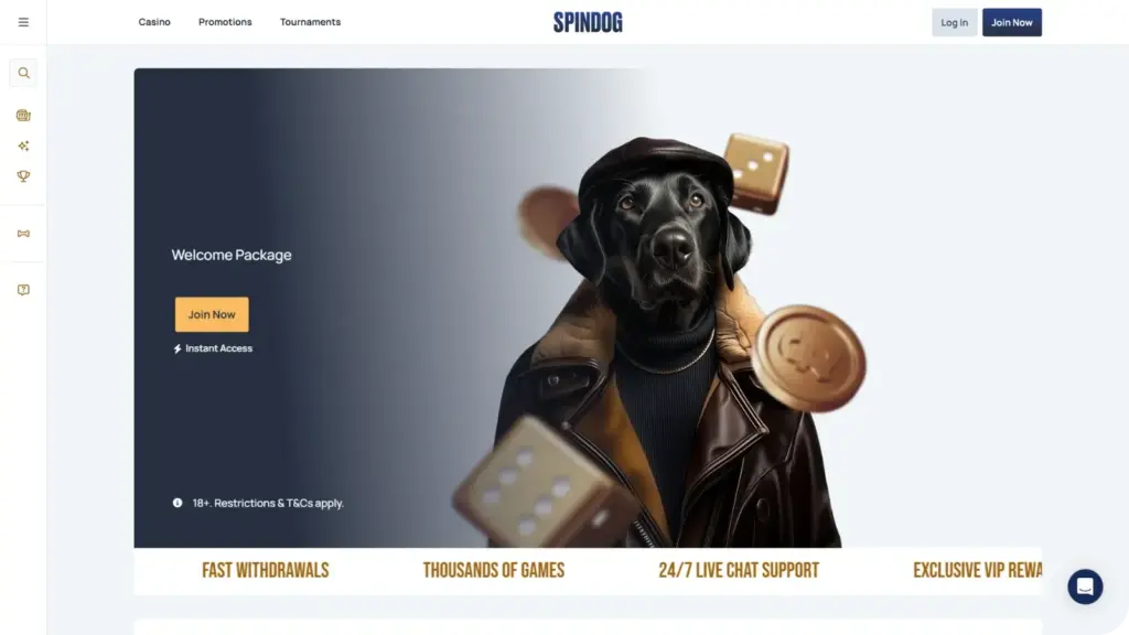 Spindog casino interface showing slot categories and classic style slot games layout