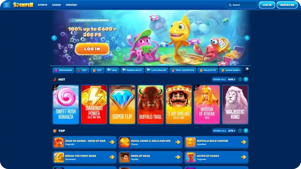 Spinfin casino interface showing retro slot category and classic slot games layout