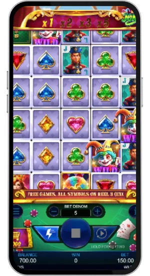 Wild Joker slot reels spinning with a Joker wild symbol landing and completing a winning combination on the payline