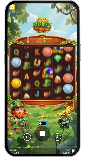 Patrick's Lucky Fortune slot reels in motion with spin counter tracking results after 50–100 rounds
