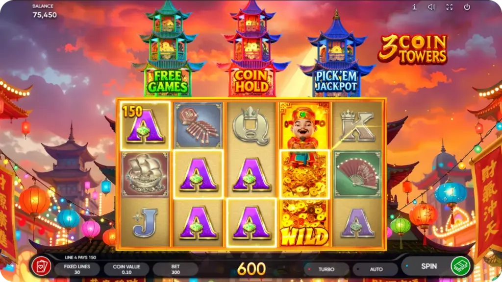 3 Coin Towers pagoda towers showing different bonus mechanics