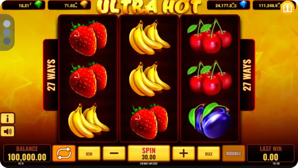 Ultra Hot slot by Novomatic with classic fruit symbols on a 3 reel layout