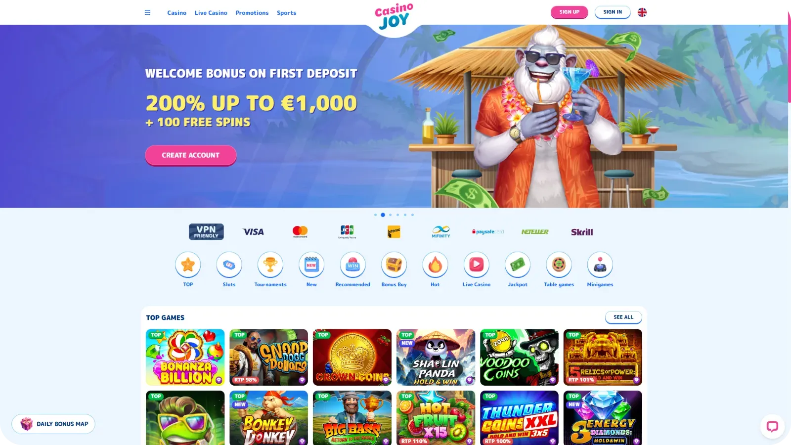 Casino Joy retro slots interface showing classic 3 reel games and simple betting controls for UK players