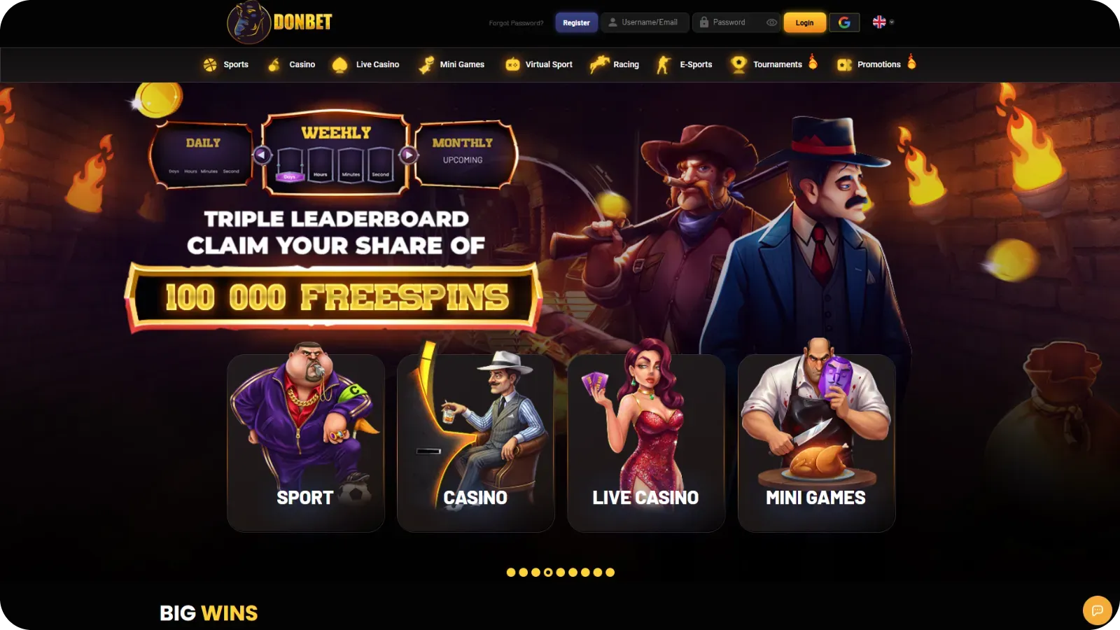 Donbet casino interface with retro slots and classic games layout
